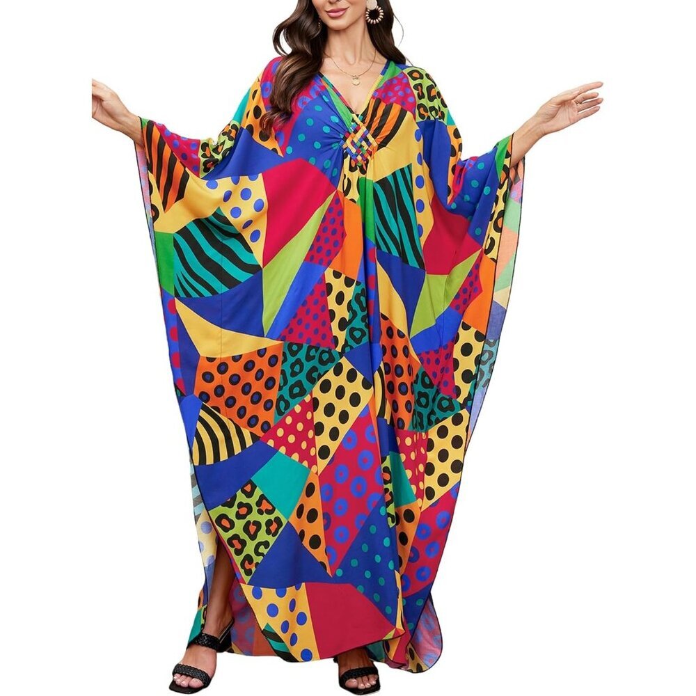 Women Colourful Polka Vneck Batwing Sleeve Flowy Split Hem Bohemian Kaftan Dress